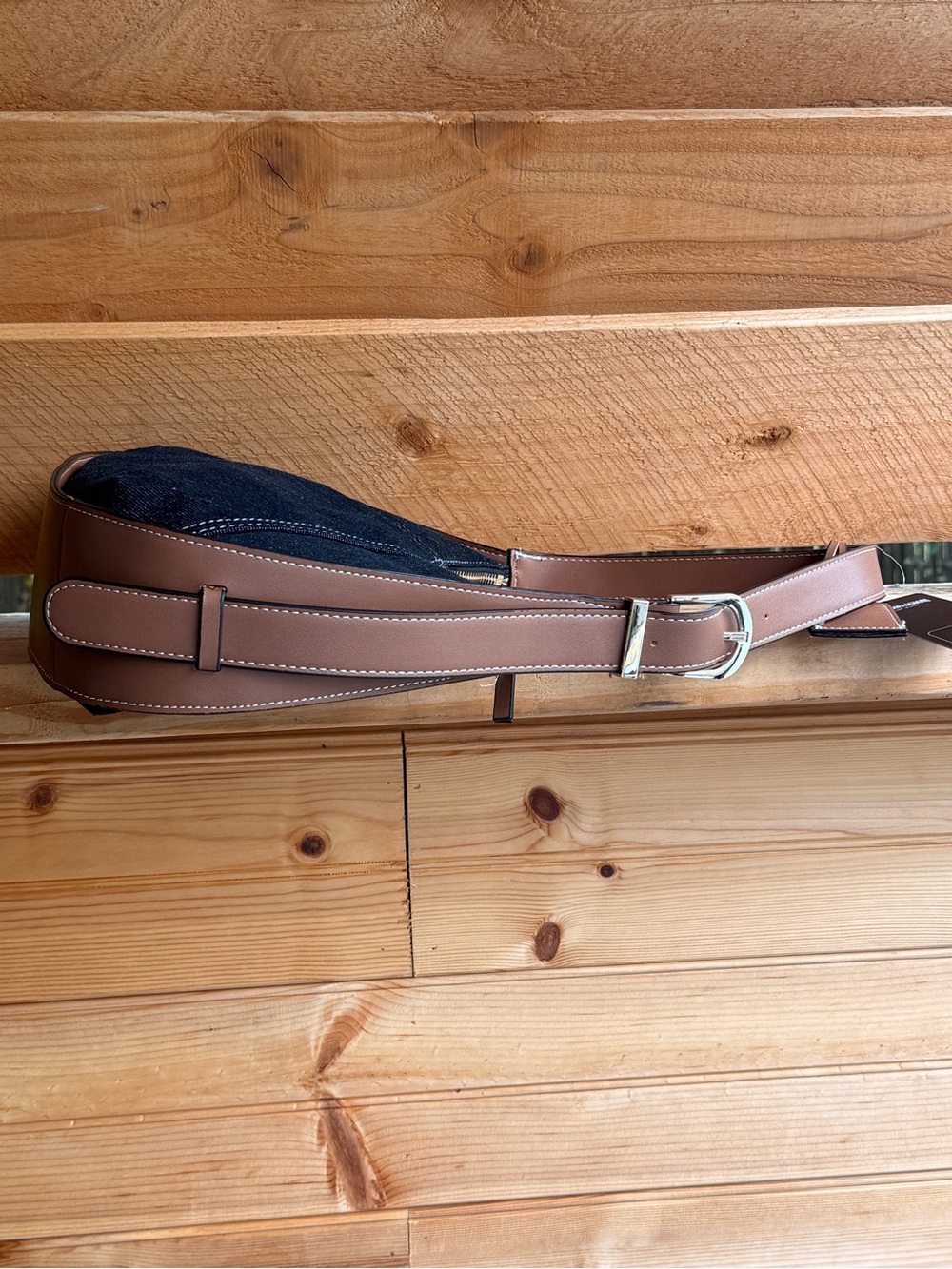 True ReligionBlack Y2K westernDenim Shoulder Bag/Brown Trim&Embroidered Logo NWT - Picture 6 of 9